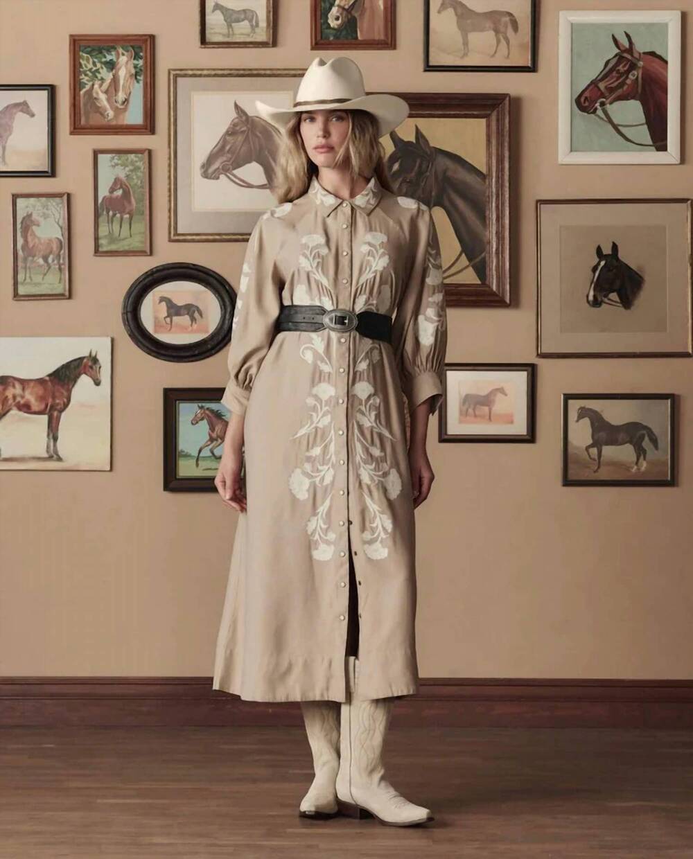 NEW THE GREAT. western embroidered herd dress in soft tan with cream